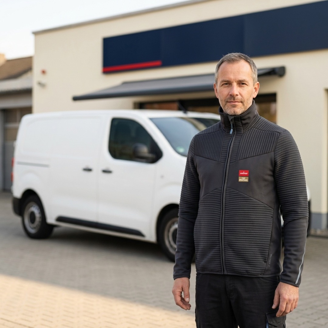 Inhaber eines Fachbetriebs in MASCOT-Jacke mit weinor Top-Partner-Label vor seinem Betrieb