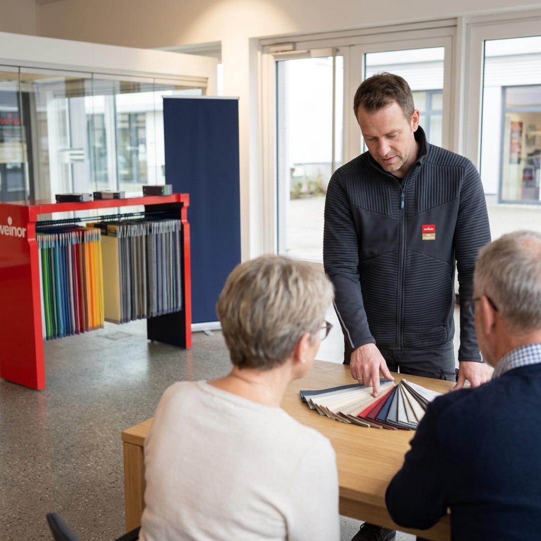 Beratungsgespräch im Showroom mit Roll-up im Hintergrund