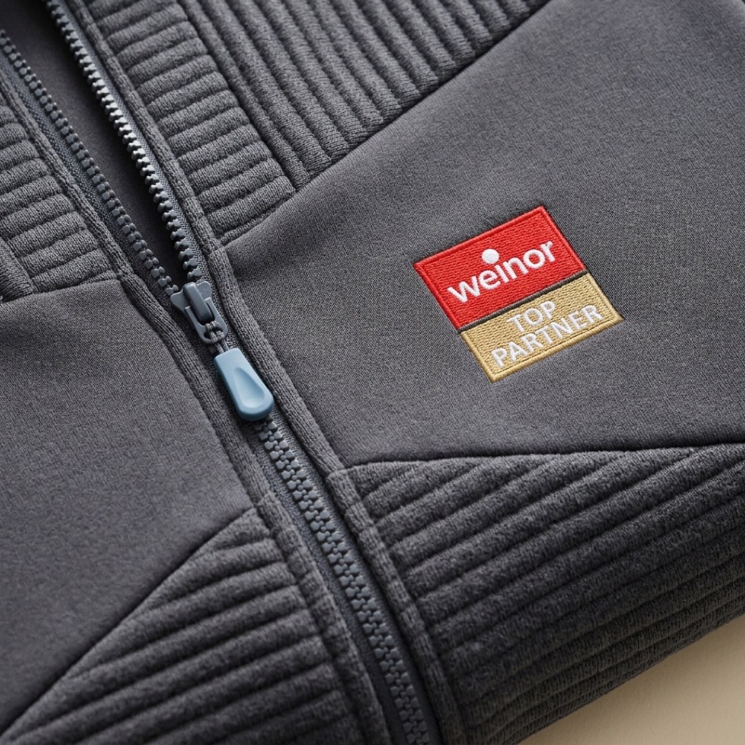 Makroaufnahme von Stickbild und Material der Jacke